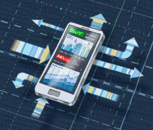 Illustration of a Smartphones with arrows and co-ordinate lines in the background as well as financial charts purchase button and sales button in the display, deep-blue background with figure sample Illustration of a Smartphones with arrows and co-ordinate lines in the background as well as financial charts purchase button and sales button in the display, deep-blue background with figure sample
